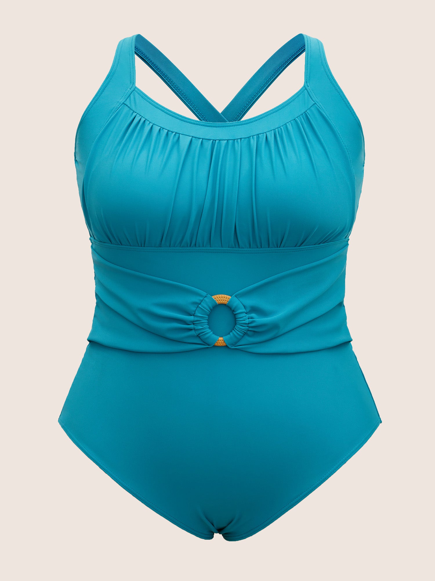 Solid Buckle Detail Gathered One Piece Swimsuit