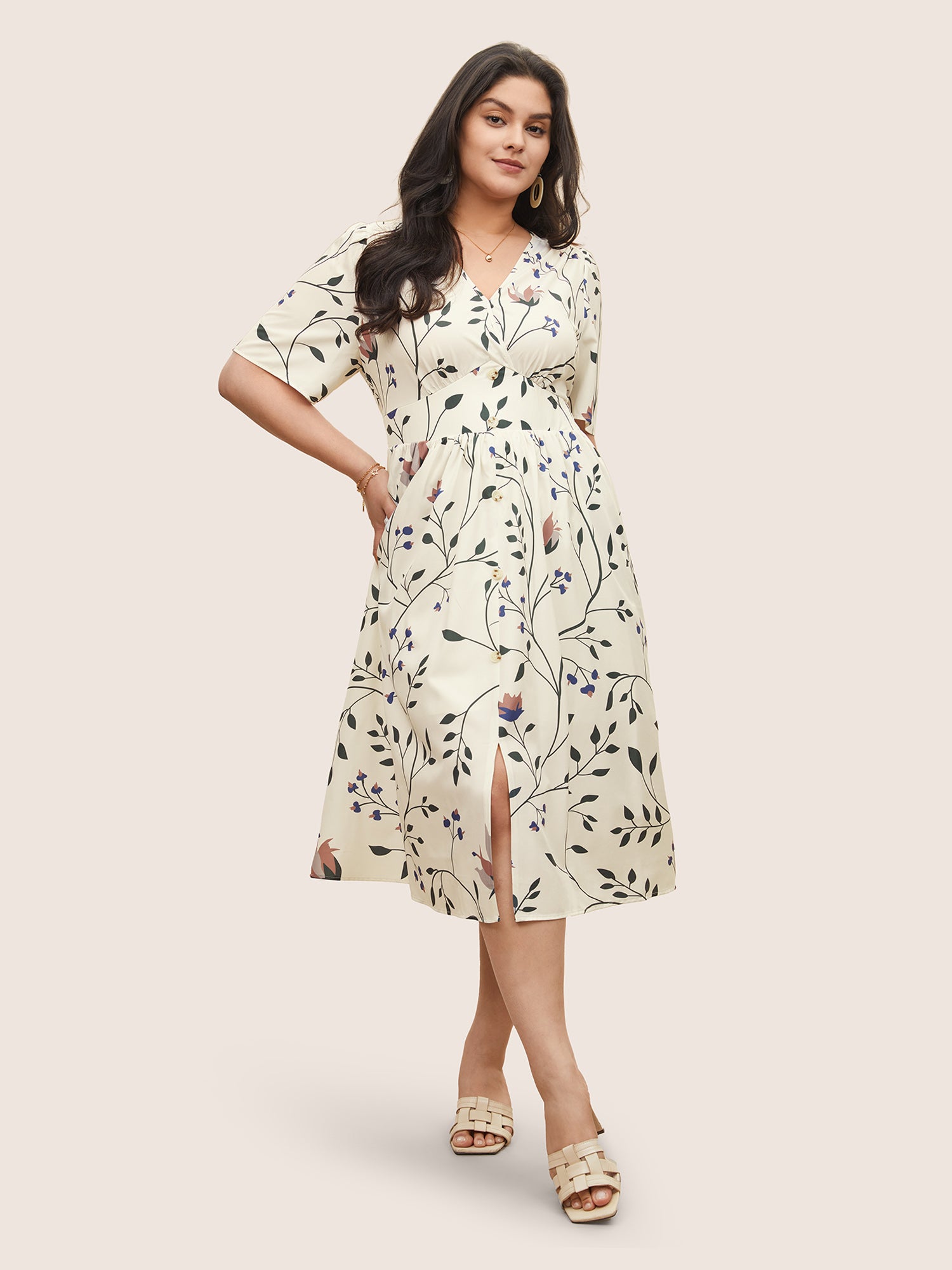 Plants Print Elastic Waist Gathered Wrap Dress