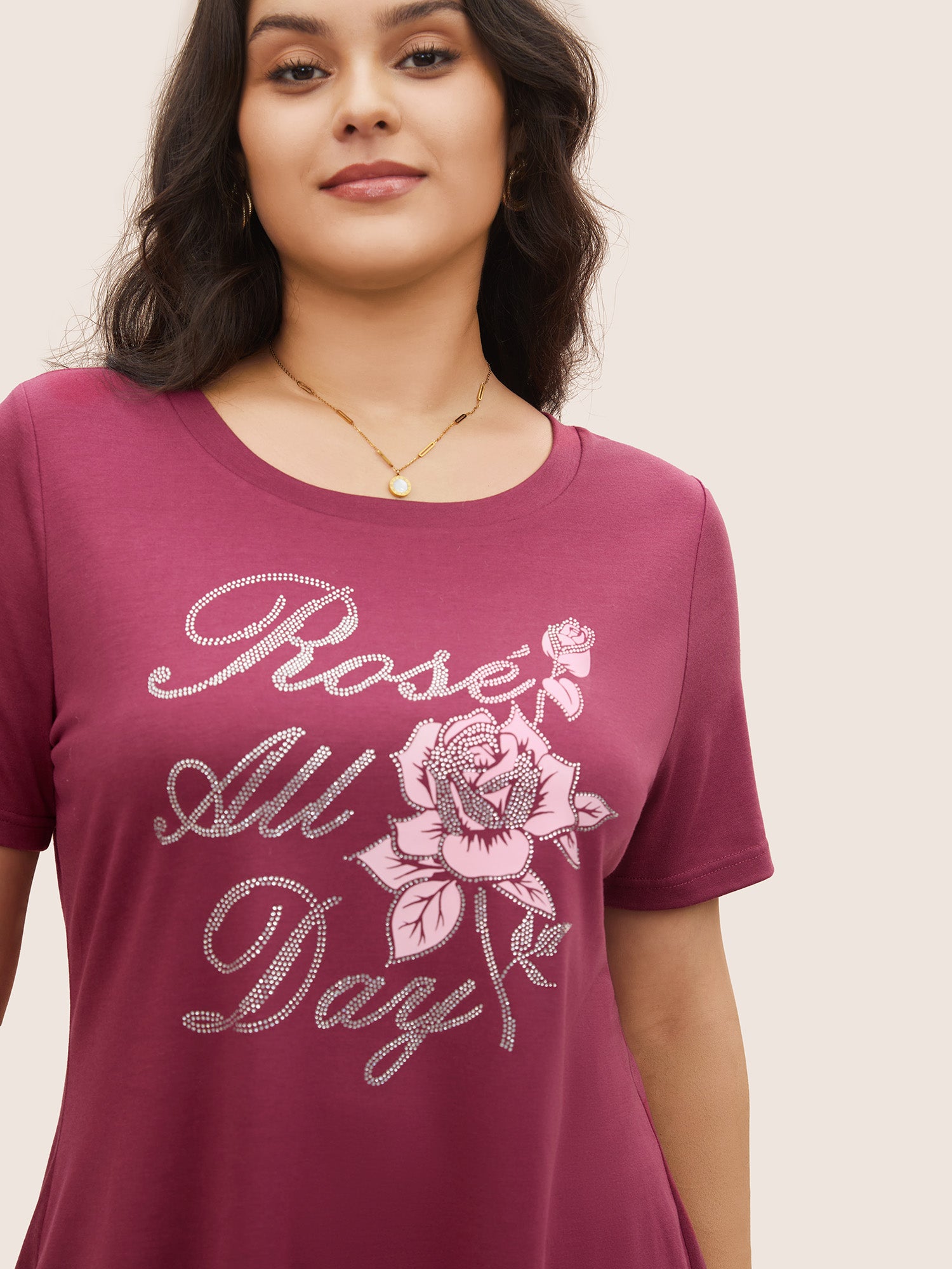 Natural Flowers Rhinestone Round Neck T-shirt