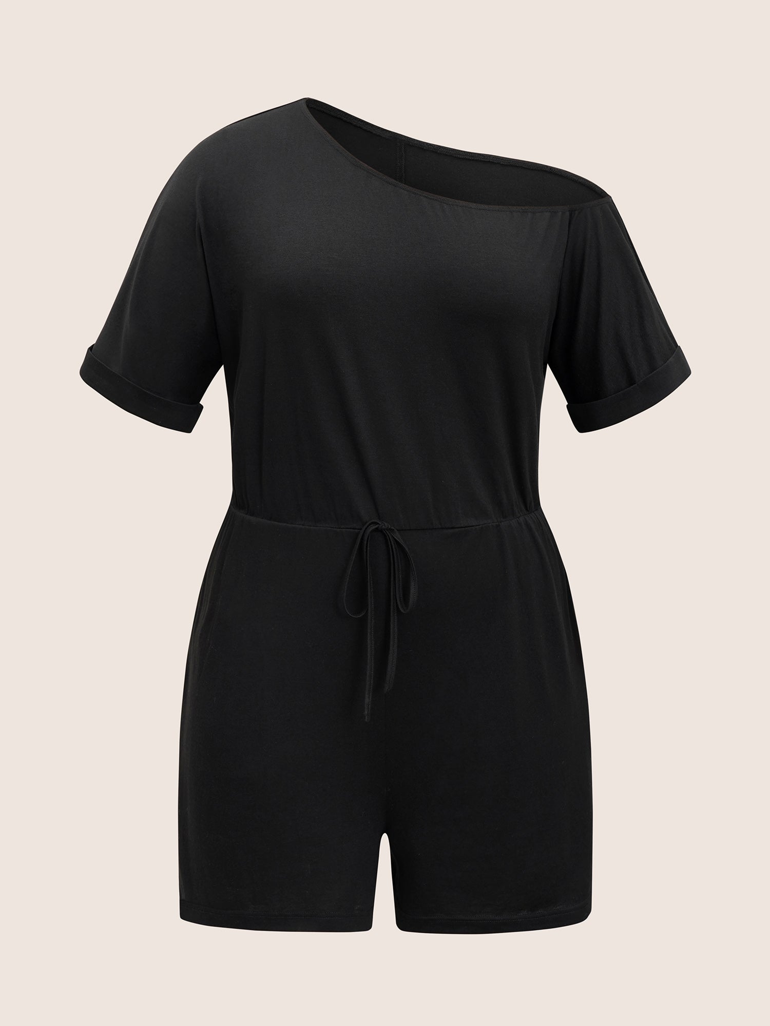 Plain One Shoulder Cuffed Sleeve Ties Romper