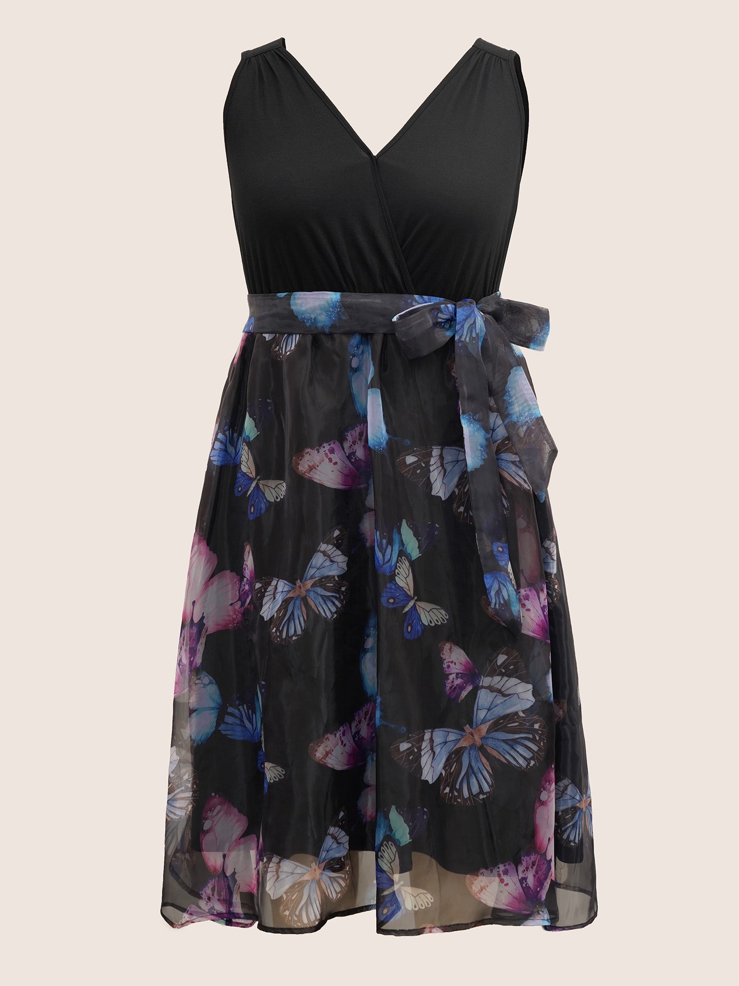 Butterfly Mesh Patchwork Wrap Belted Dress