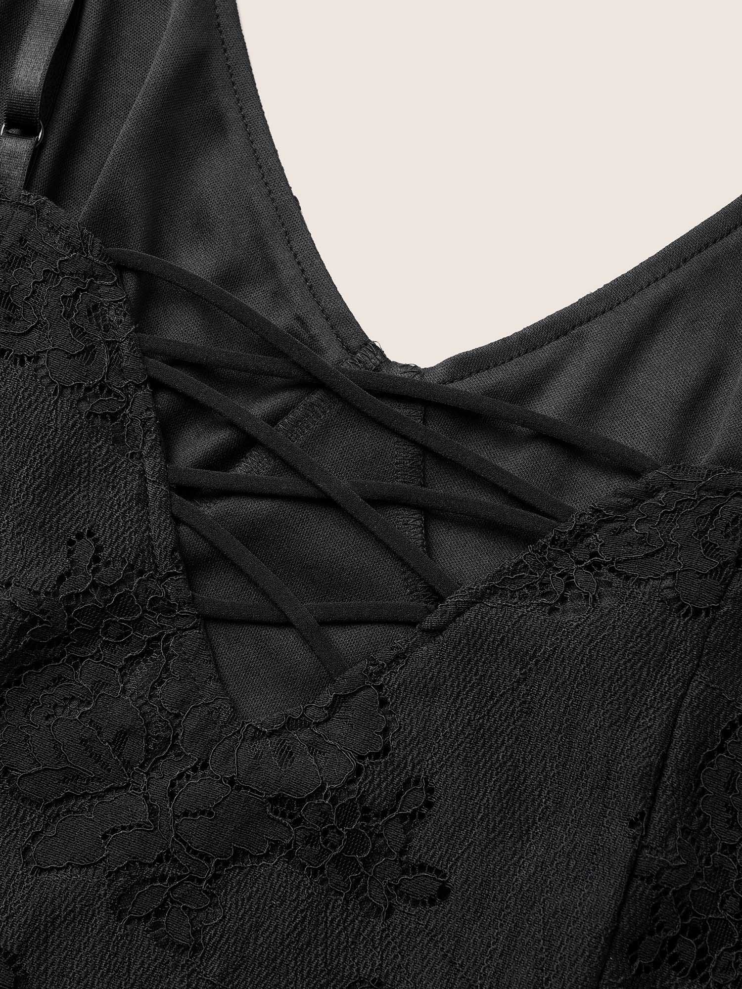 Lace Panel Mesh Split Hem Crisscross Cami Sleep Dress