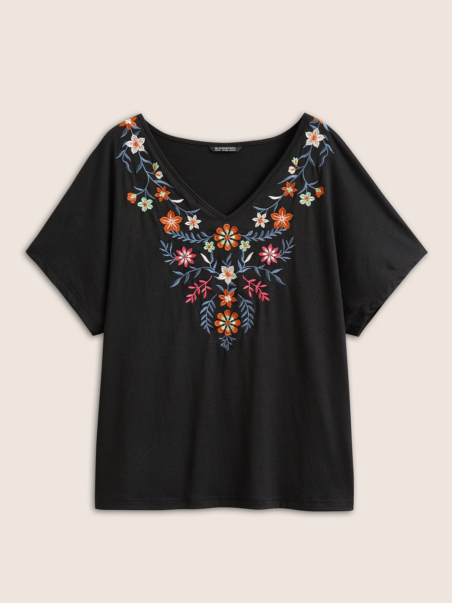 Floral Embroidered Batwing Sleeve T-shirt