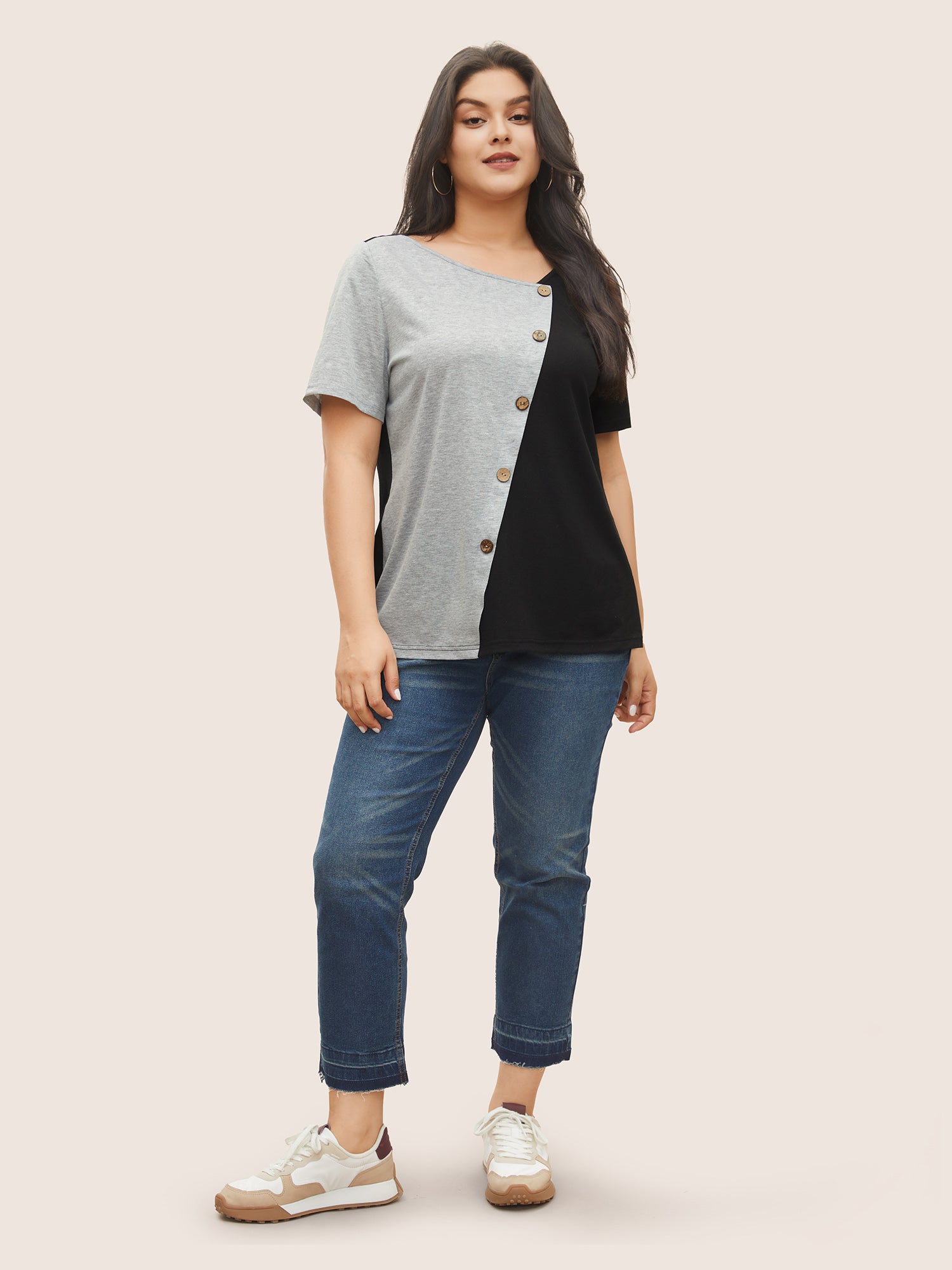 Two Tone Button Detail Asymmetrical Neck T-shirt