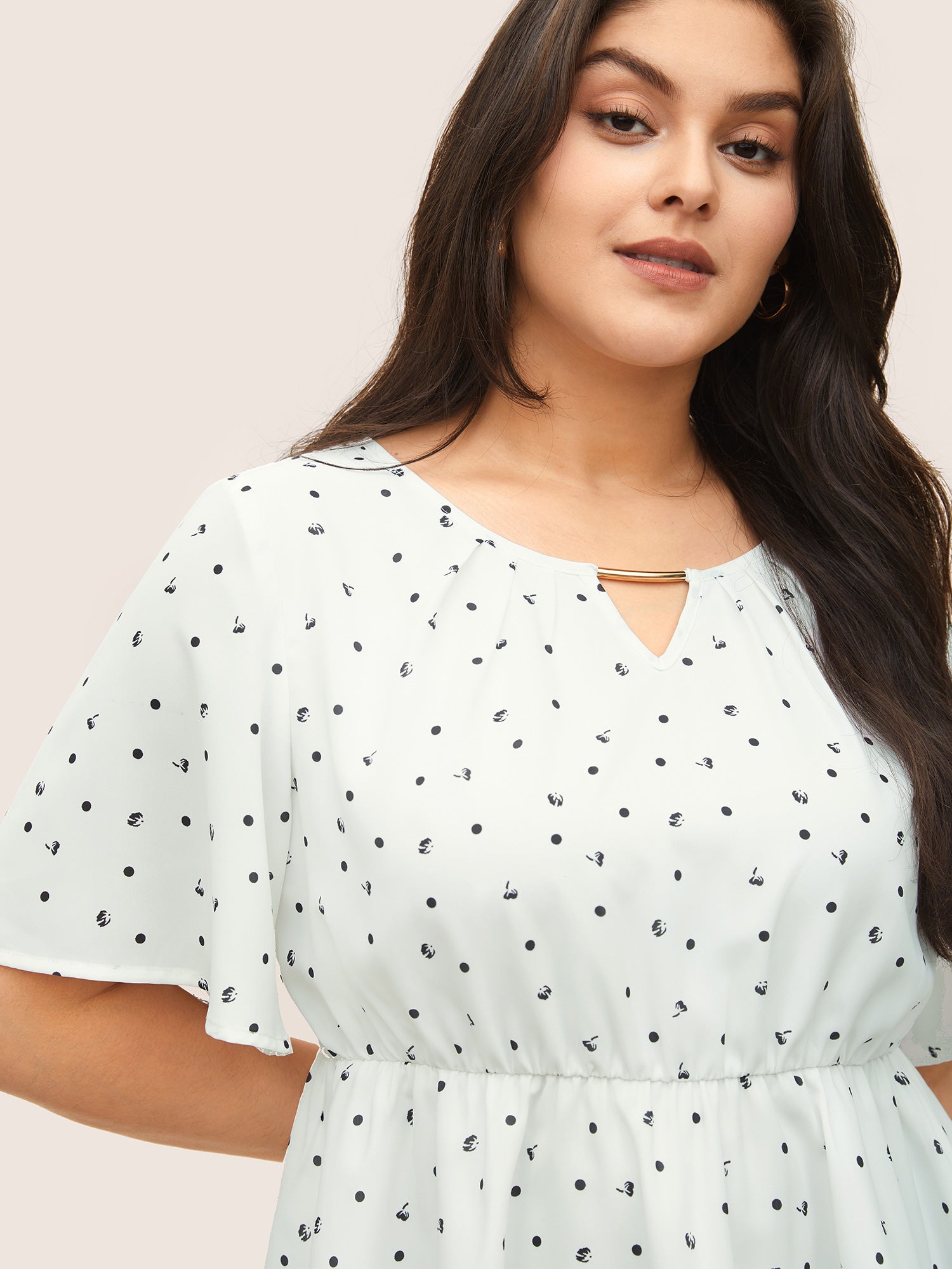 Keyhole Polka Dot Style Accents Ruffle Sleeve Blouse