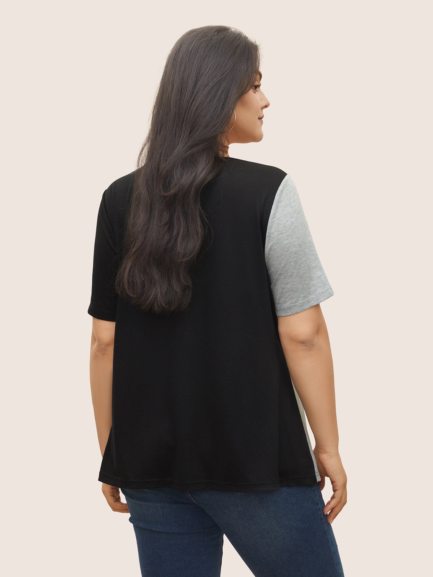 Two Tone Button Detail Asymmetrical Neck T-shirt