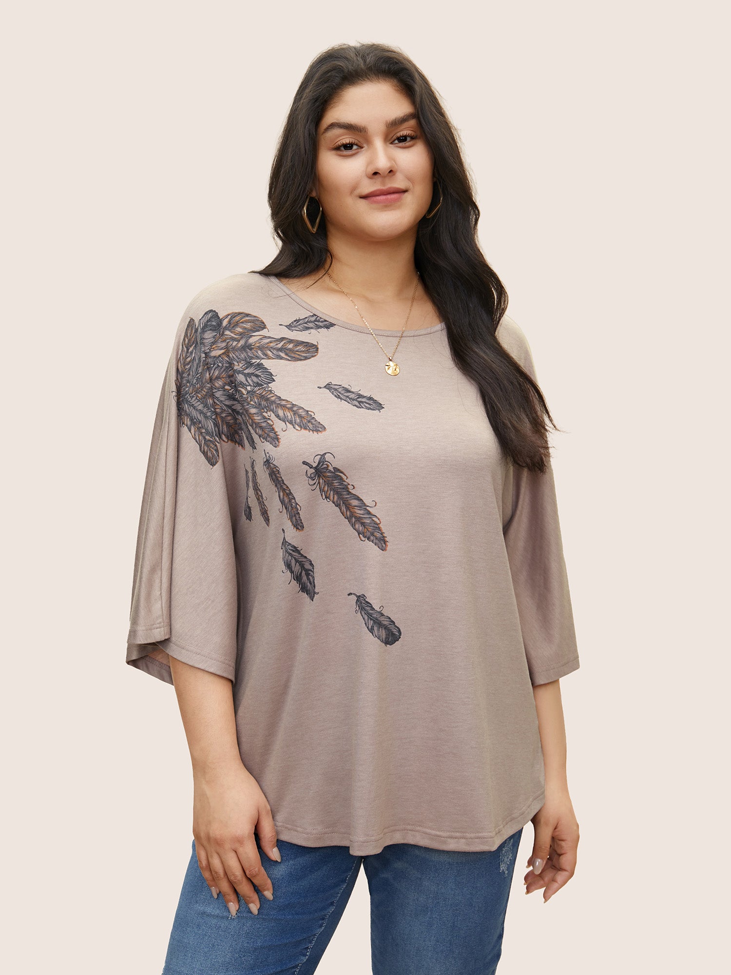 Feather Print Batwing Sleeve T-shirt