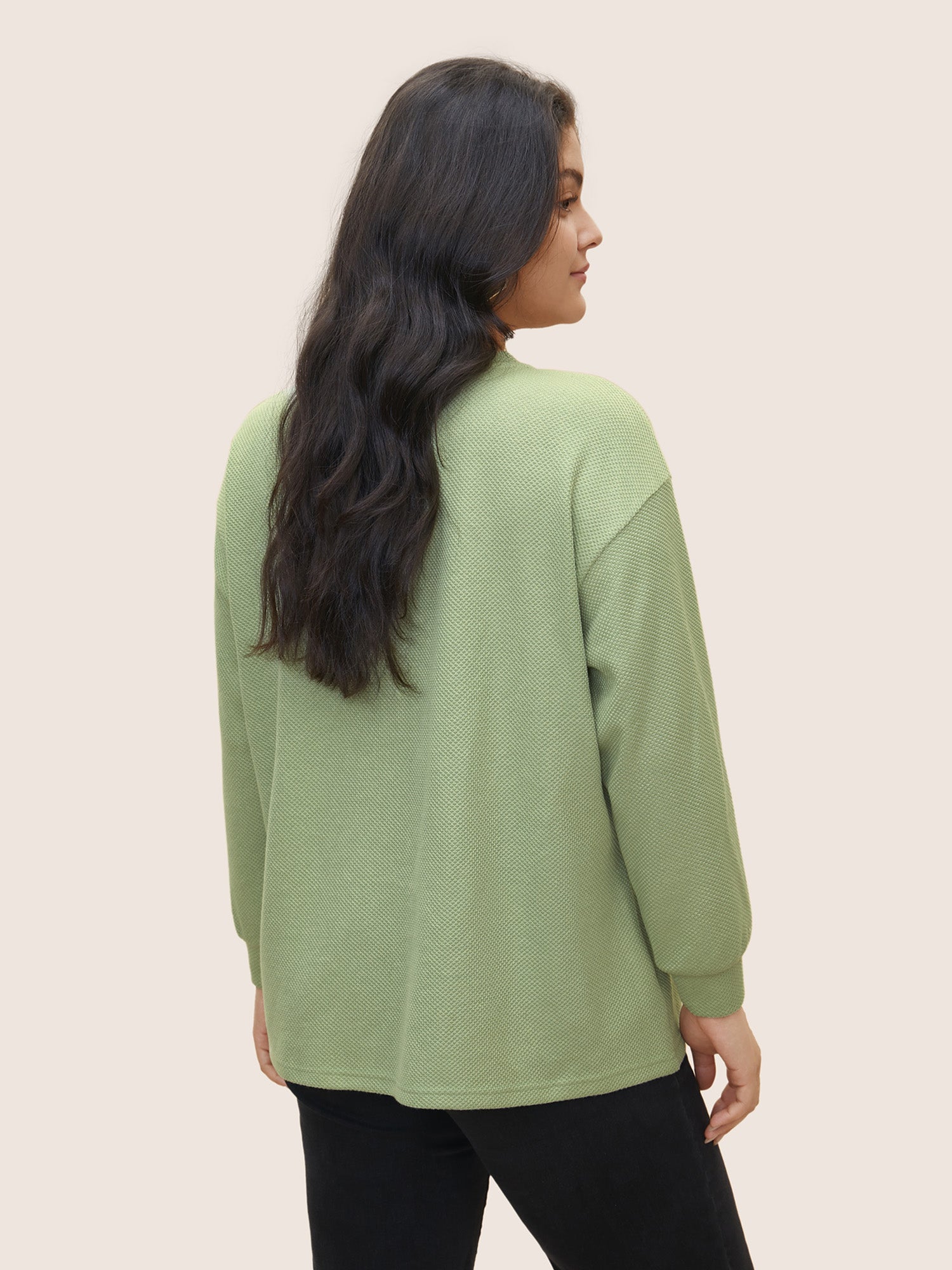 Plain Button Detail Textured Sweatshirt