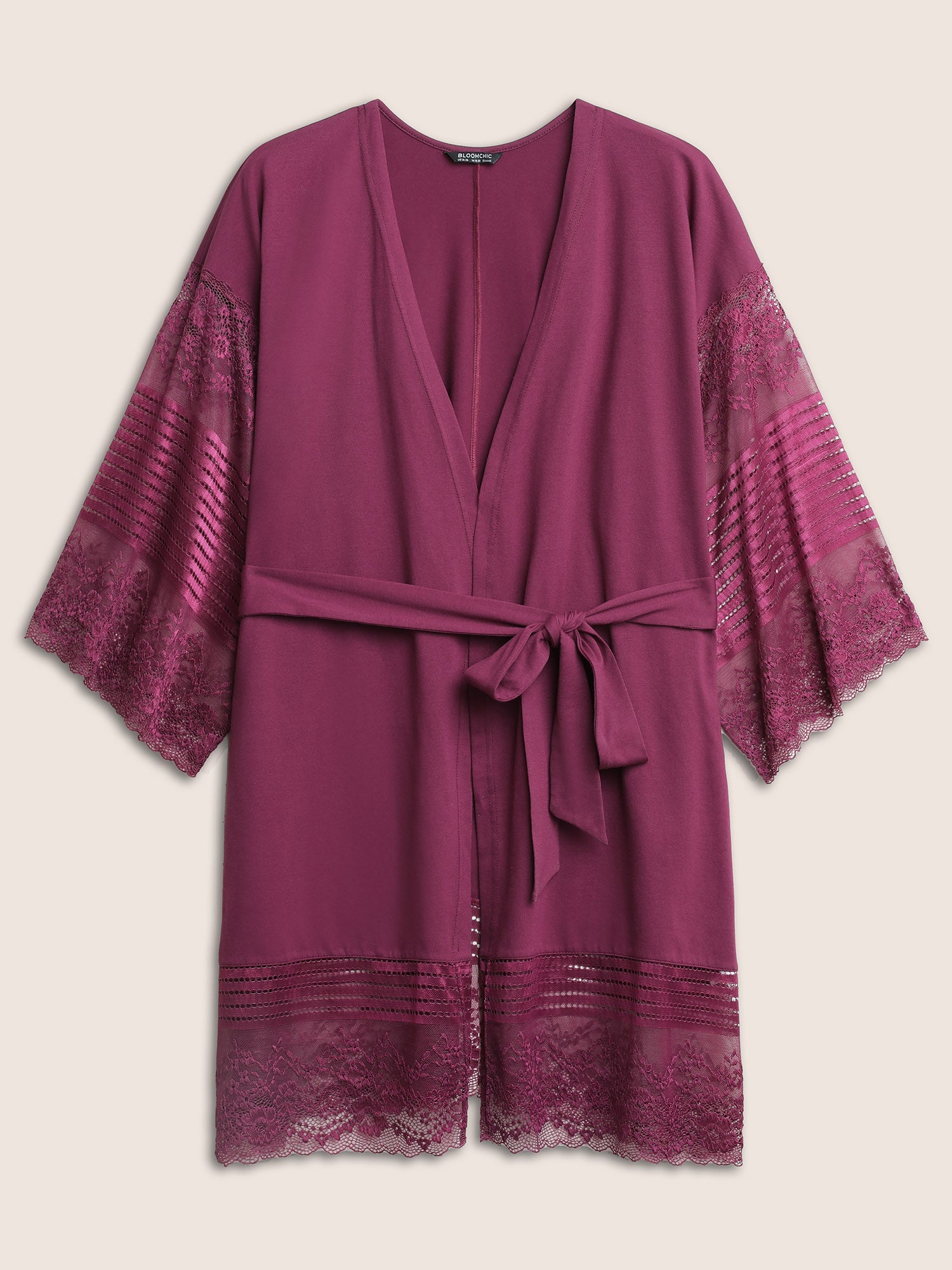Solid Mesh Patchwork Lace Belted Robe