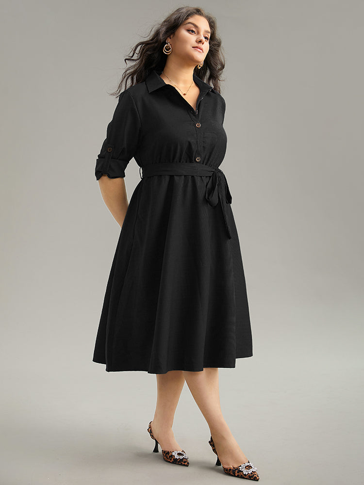 Static-Free solid Belted Tab Sleeve Dress