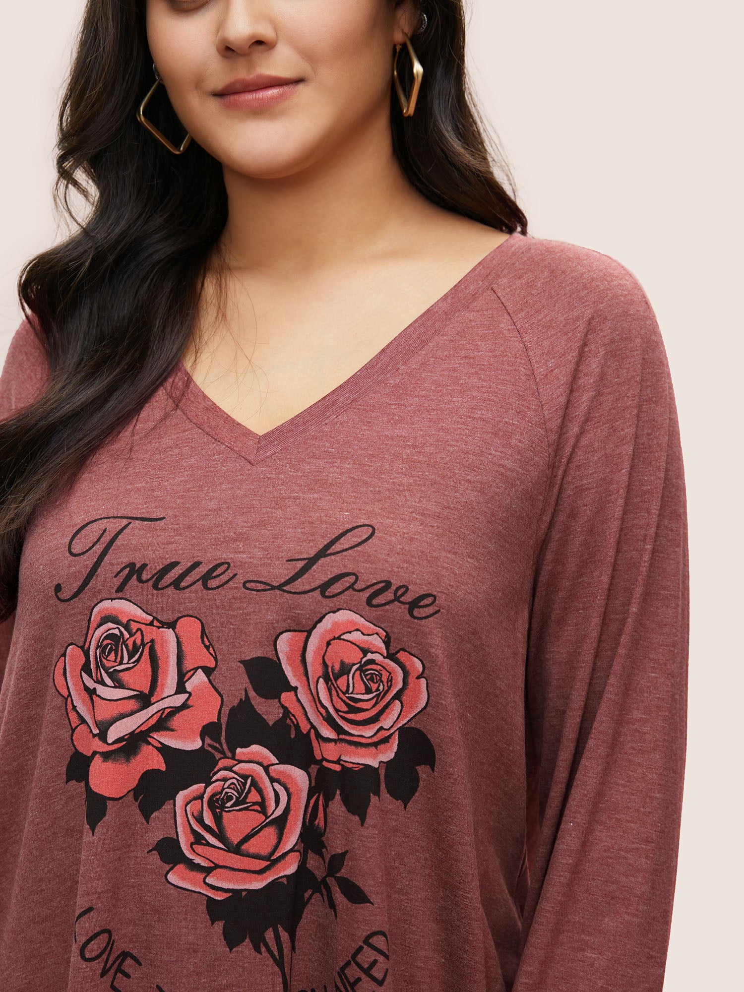 Rose Print Pocket Raglan Sleeve Tunic T-shirt