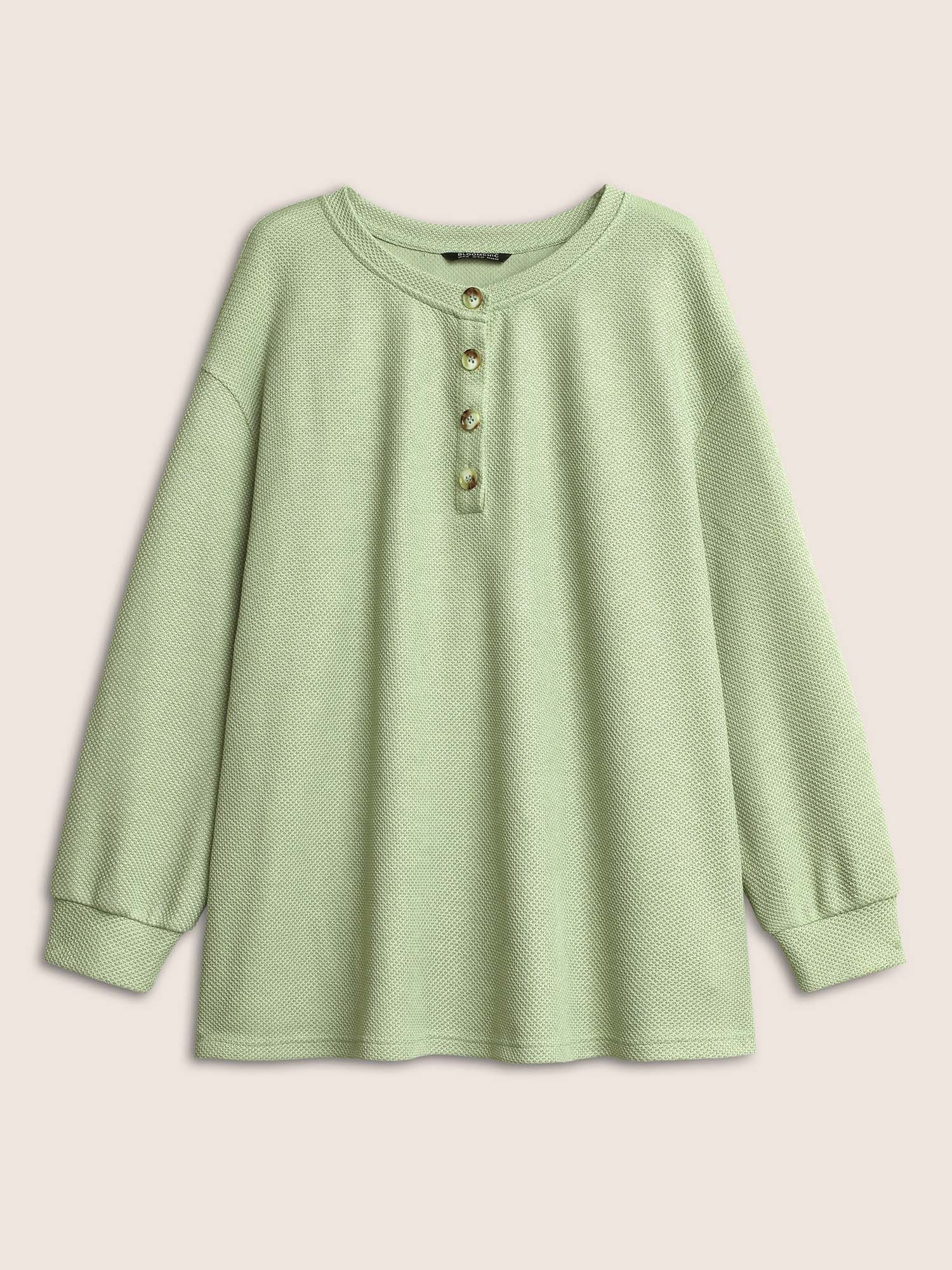 Plain Button Detail Textured Sweatshirt