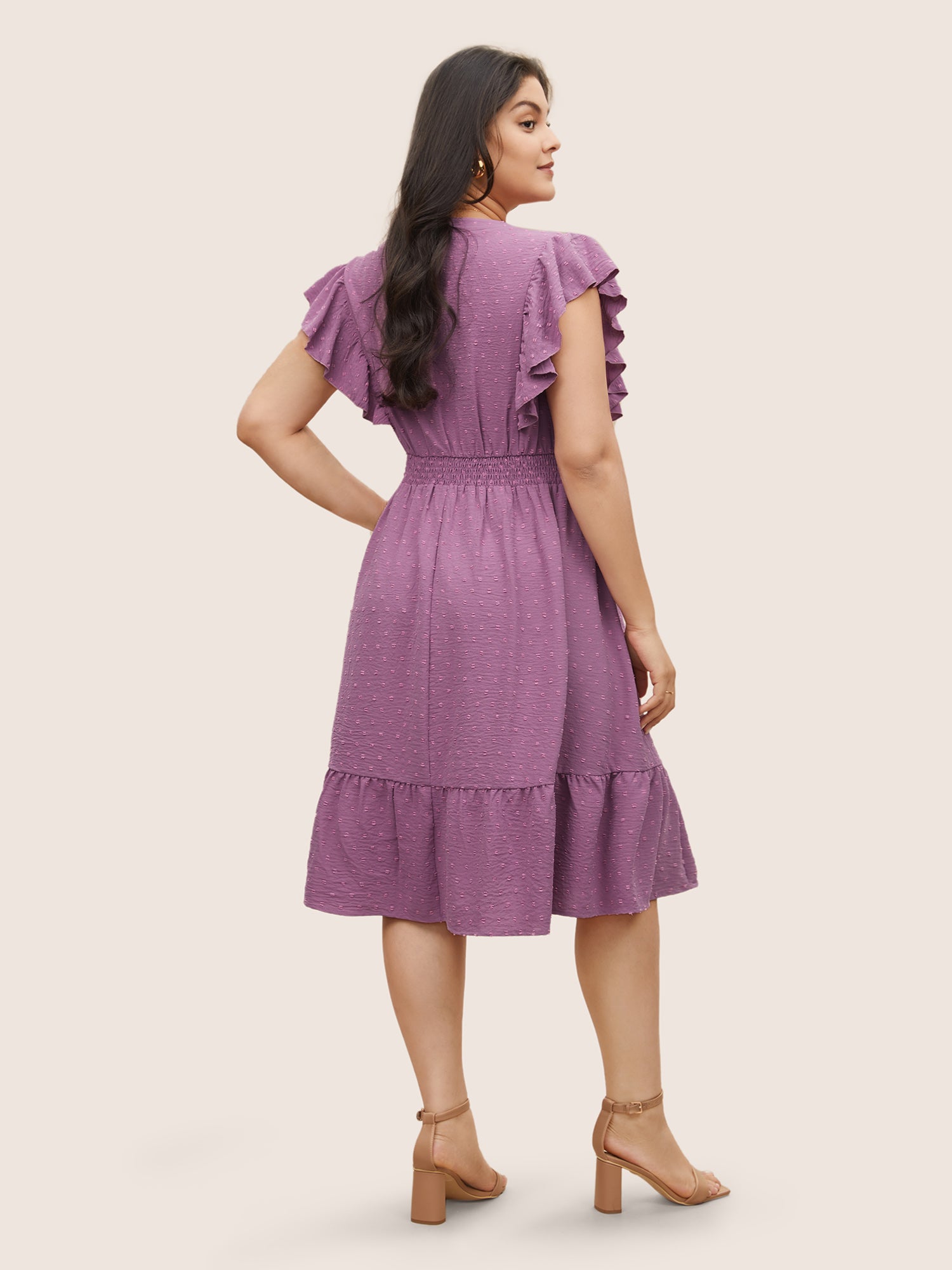 Solid Textured Shirred Patchwork Ruffles Dress