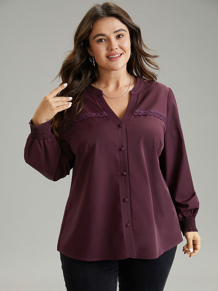 Notched Guipure Lace Button Through Shirred Blouse