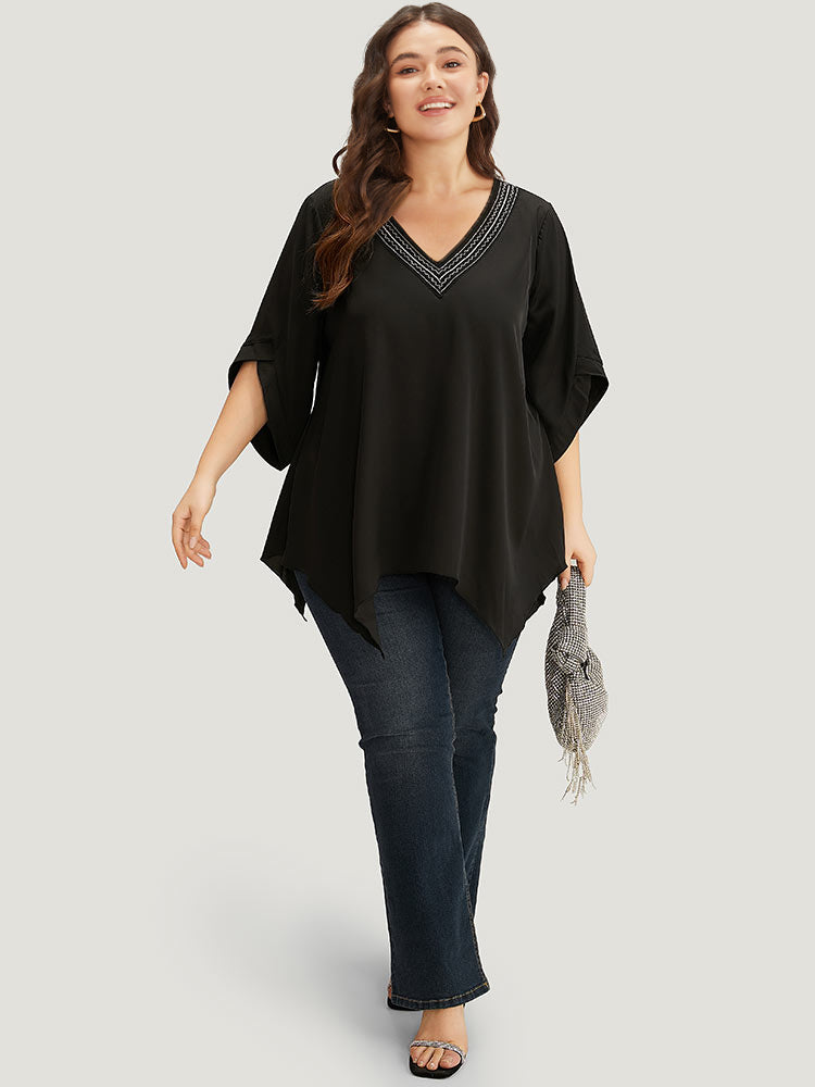 Anti-Wrinkle Stitch Patchwork Hanky Hem Blouse