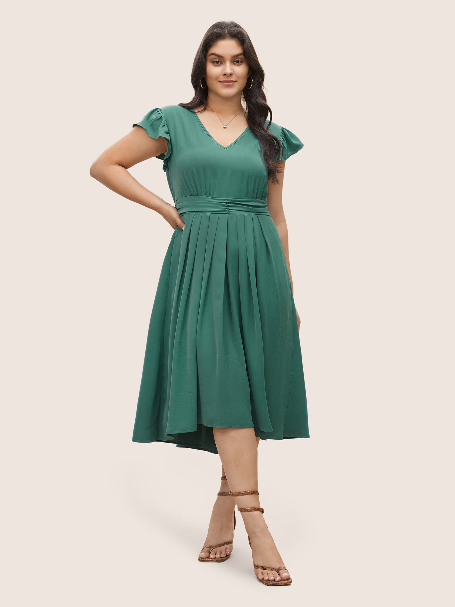 Anti-Wrinkle Solid Ruched Flutter Trim Pleated Dress