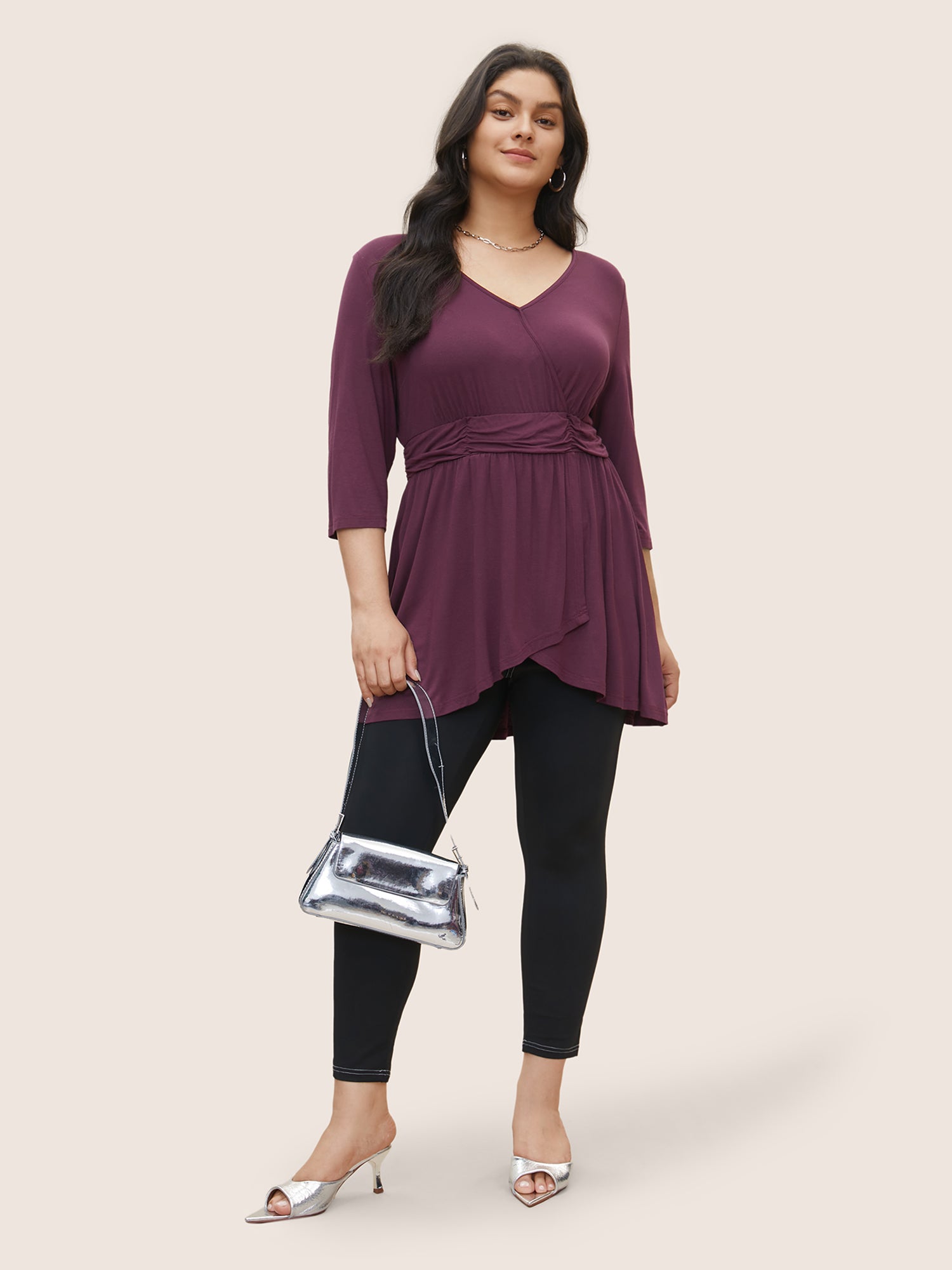 Solid Wrap Ruched Asymmetrical Hem T-shirt