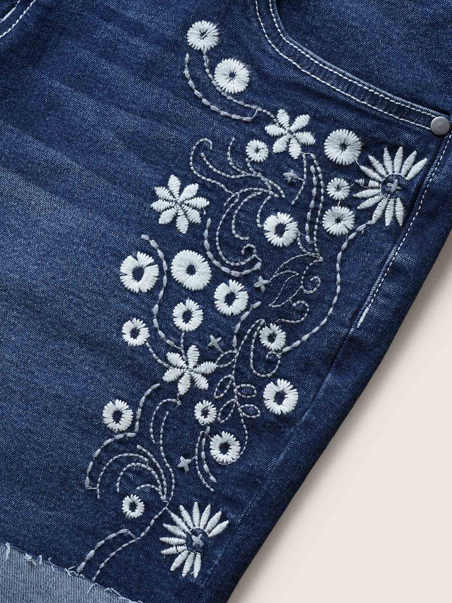 Floral Embroidered Dark Wash Roll Hem Denim Shorts
