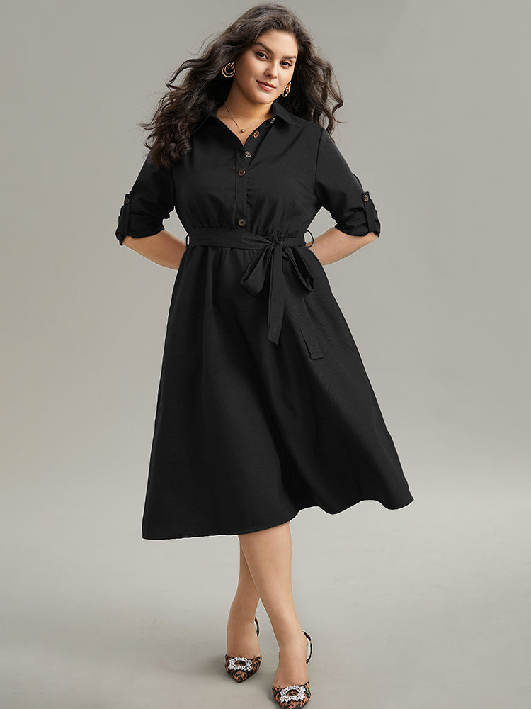 Static-Free solid Belted Tab Sleeve Dress