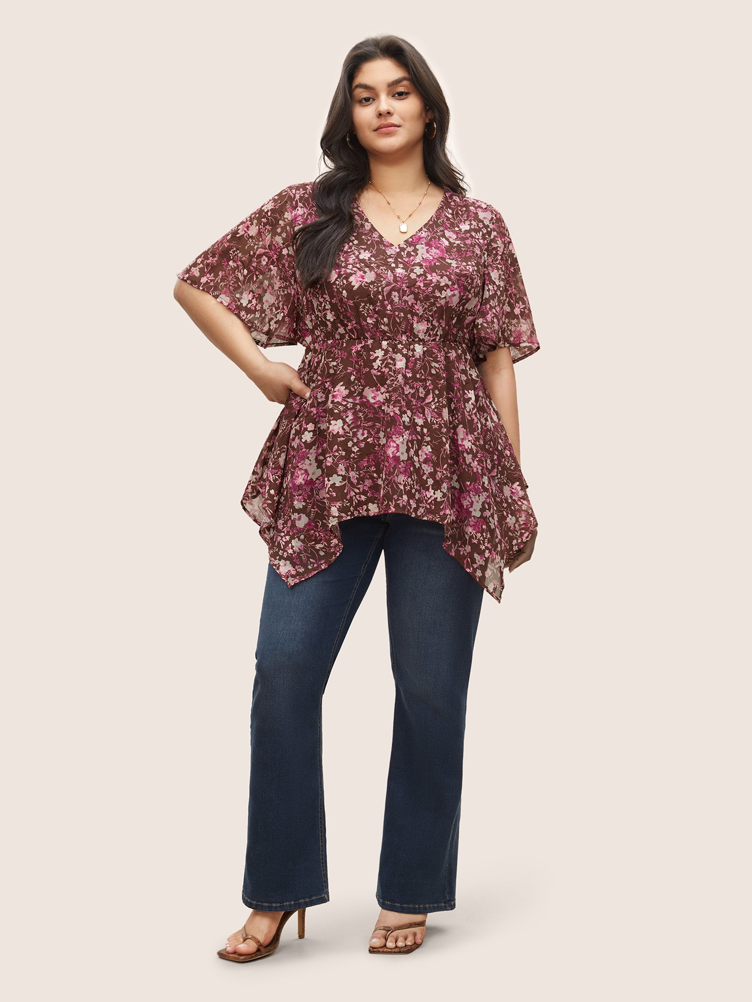 Chiffon Floral Print Hanky Hem Elastic Waist Blouse