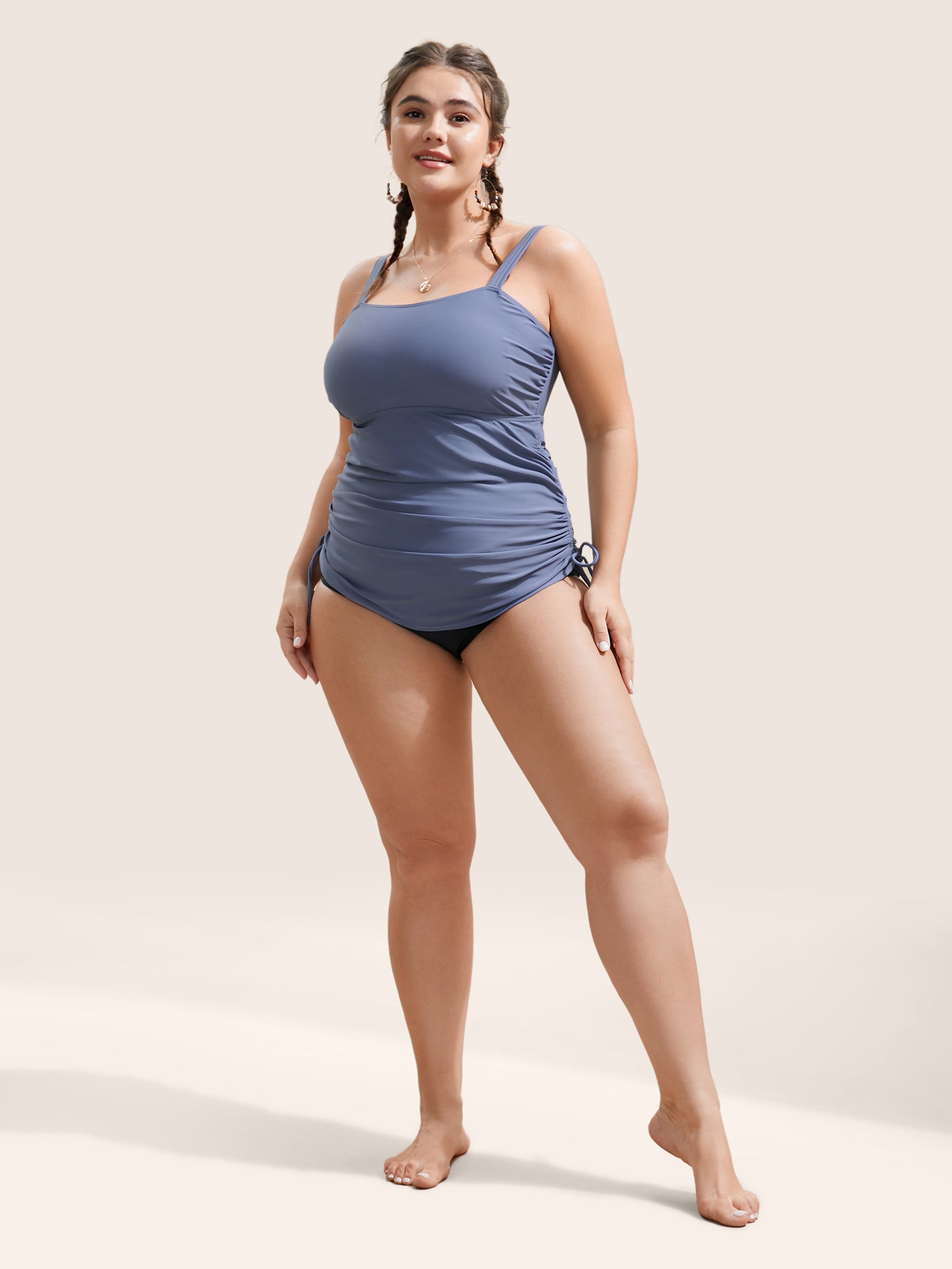 Plain Tummy Control Gathered Drawstring Swim Top