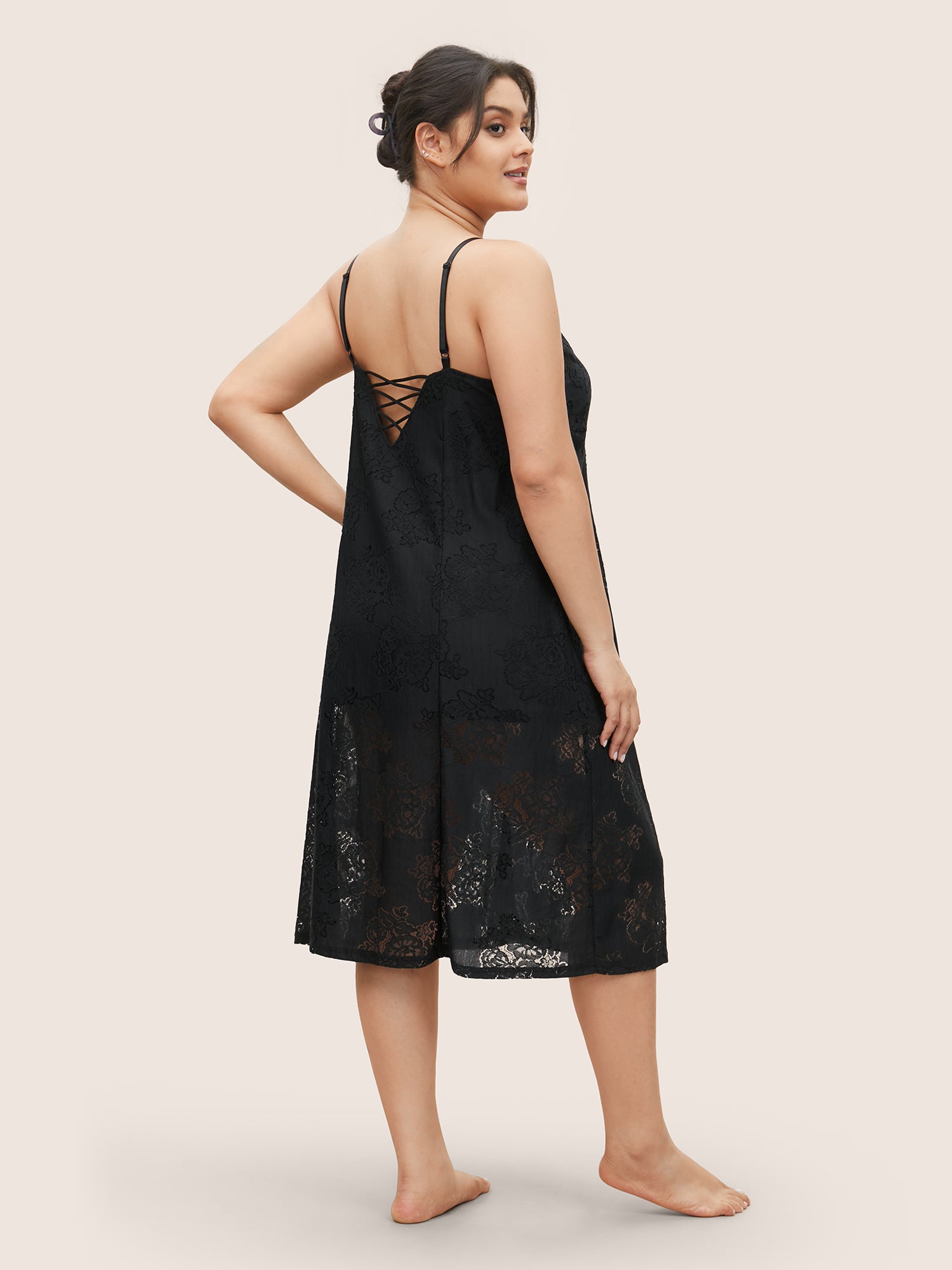 Lace Panel Mesh Split Hem Crisscross Cami Sleep Dress