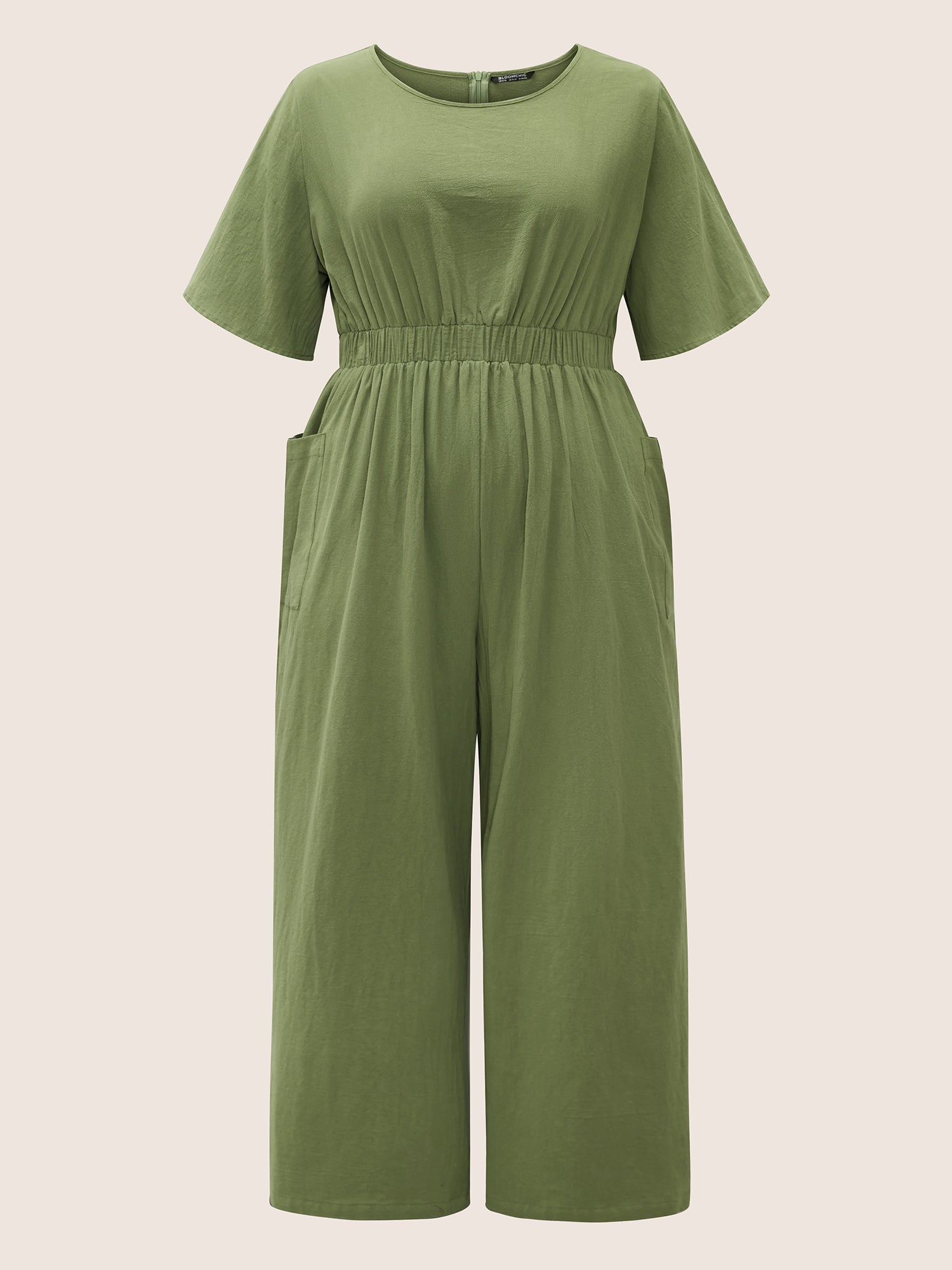 Solid Elastic Waist Patched Pocket Jumpsuit