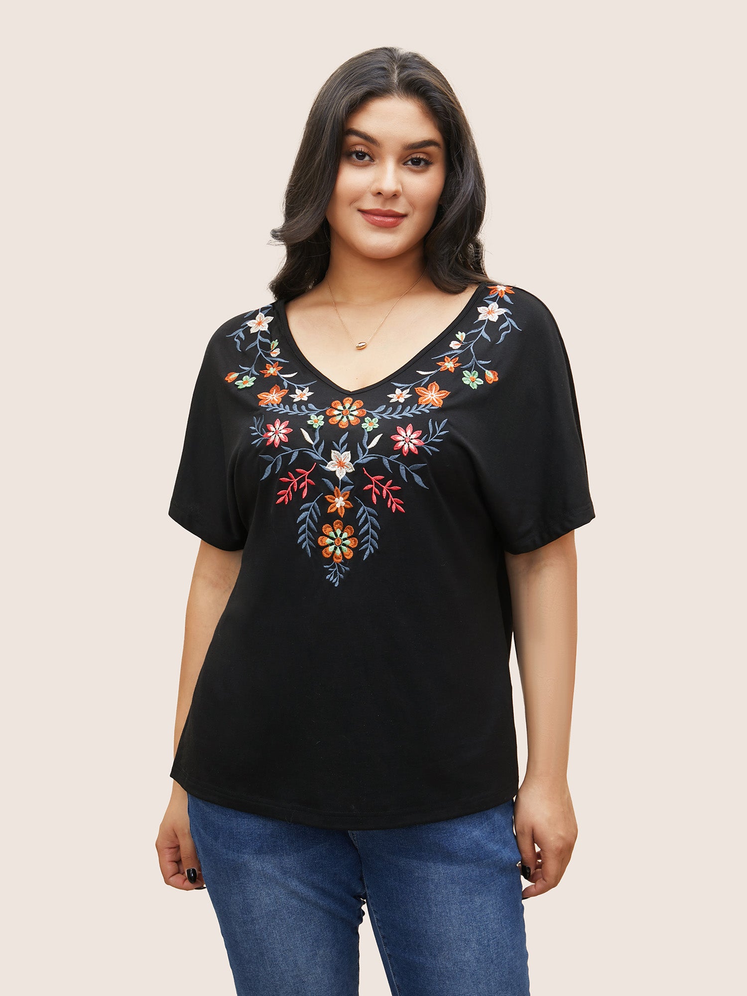Floral Embroidered Batwing Sleeve T-shirt