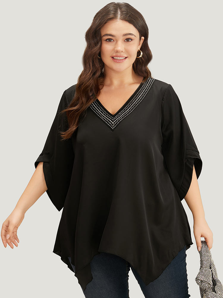 Anti-Wrinkle Stitch Patchwork Hanky Hem Blouse