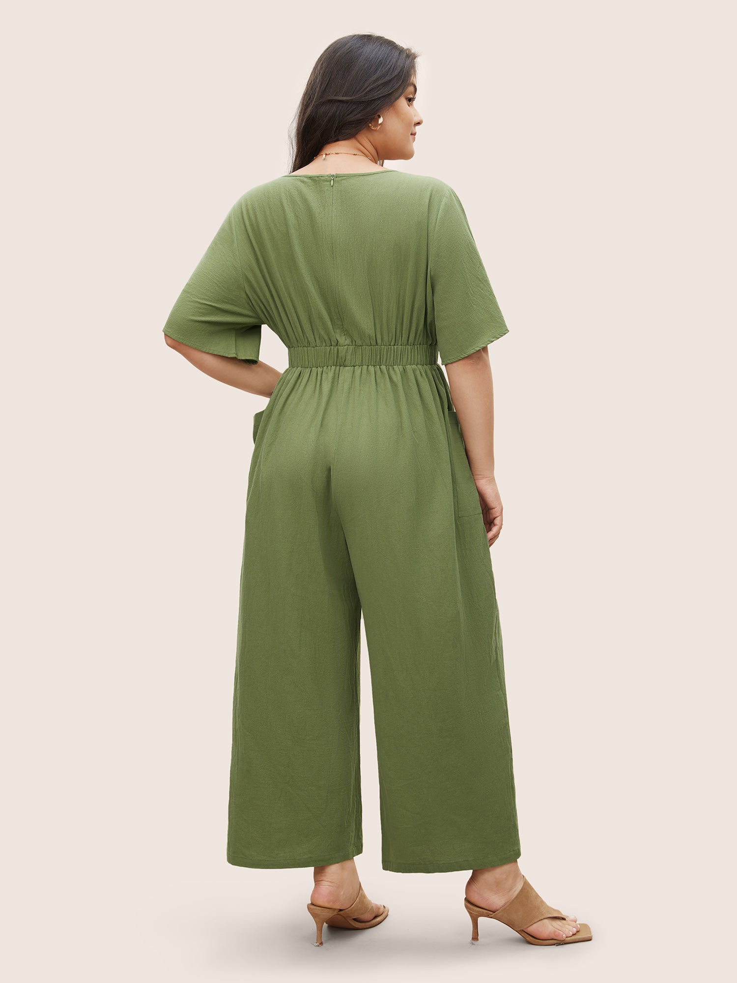 Solid Elastic Waist Patched Pocket Jumpsuit