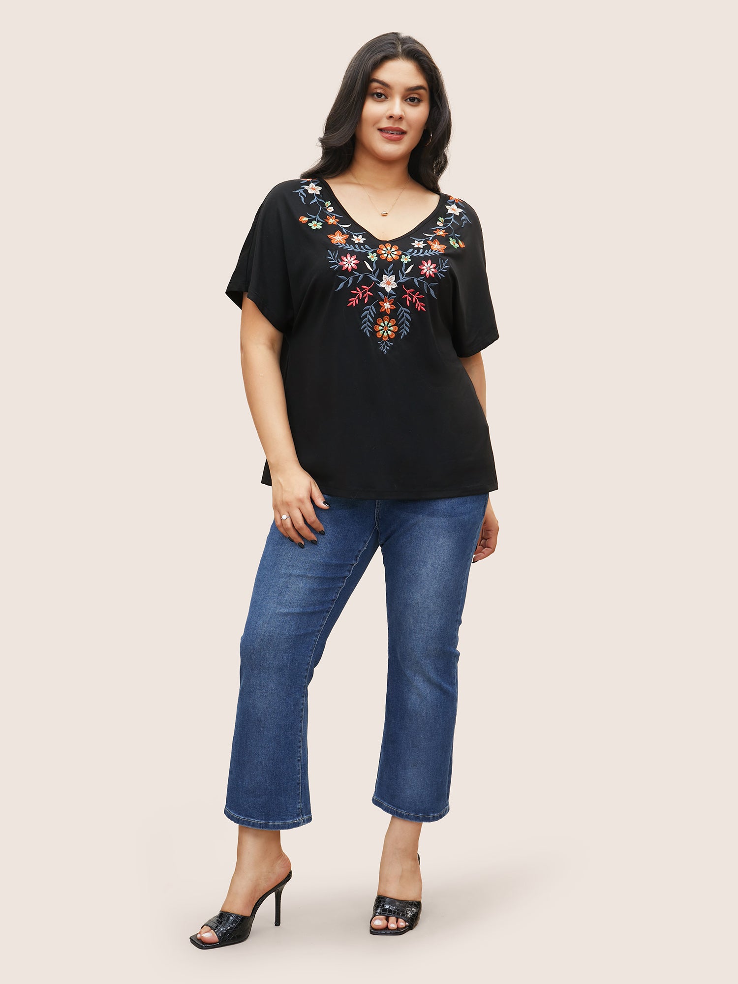 Floral Embroidered Batwing Sleeve T-shirt