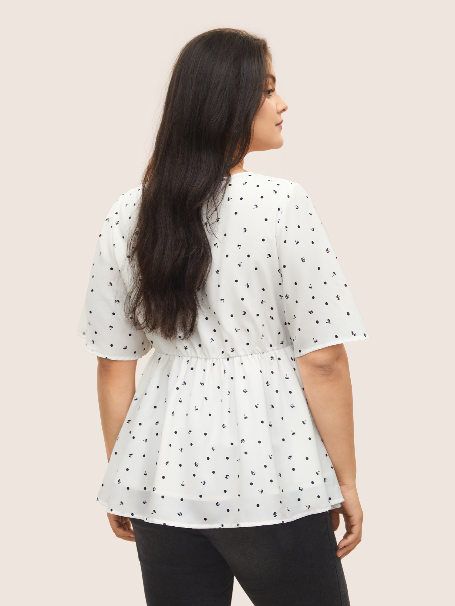 Keyhole Polka Dot Style Accents Ruffle Sleeve Blouse