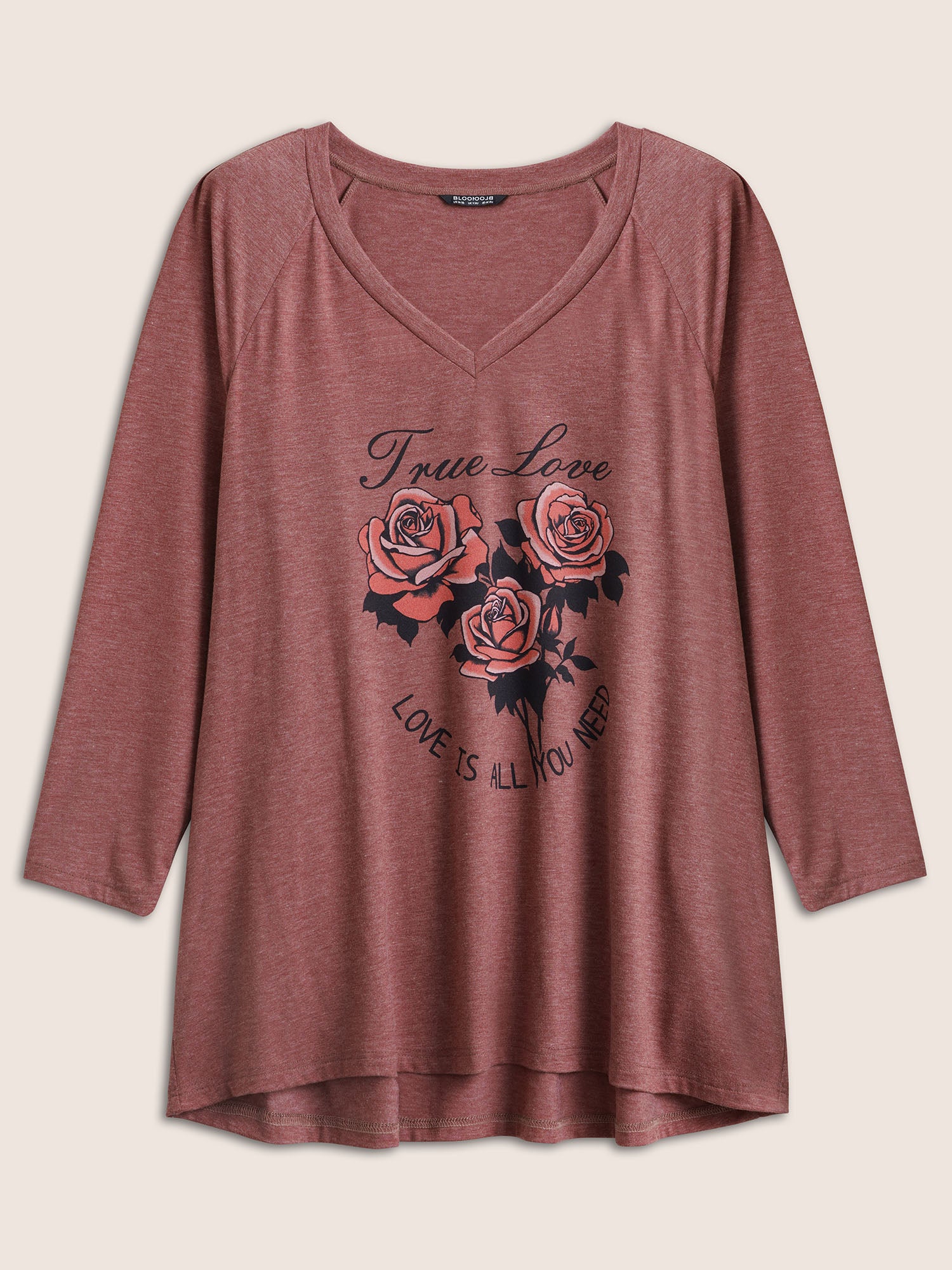 Rose Print Pocket Raglan Sleeve Tunic T-shirt