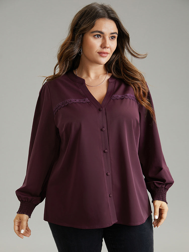 Notched Guipure Lace Button Through Shirred Blouse