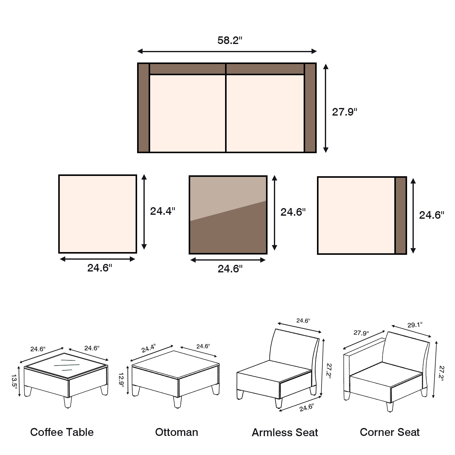 Devoko Patio Furniture 5 Pieces Outdoor Sectional Sofa with Ottoman Updated Plastic Base