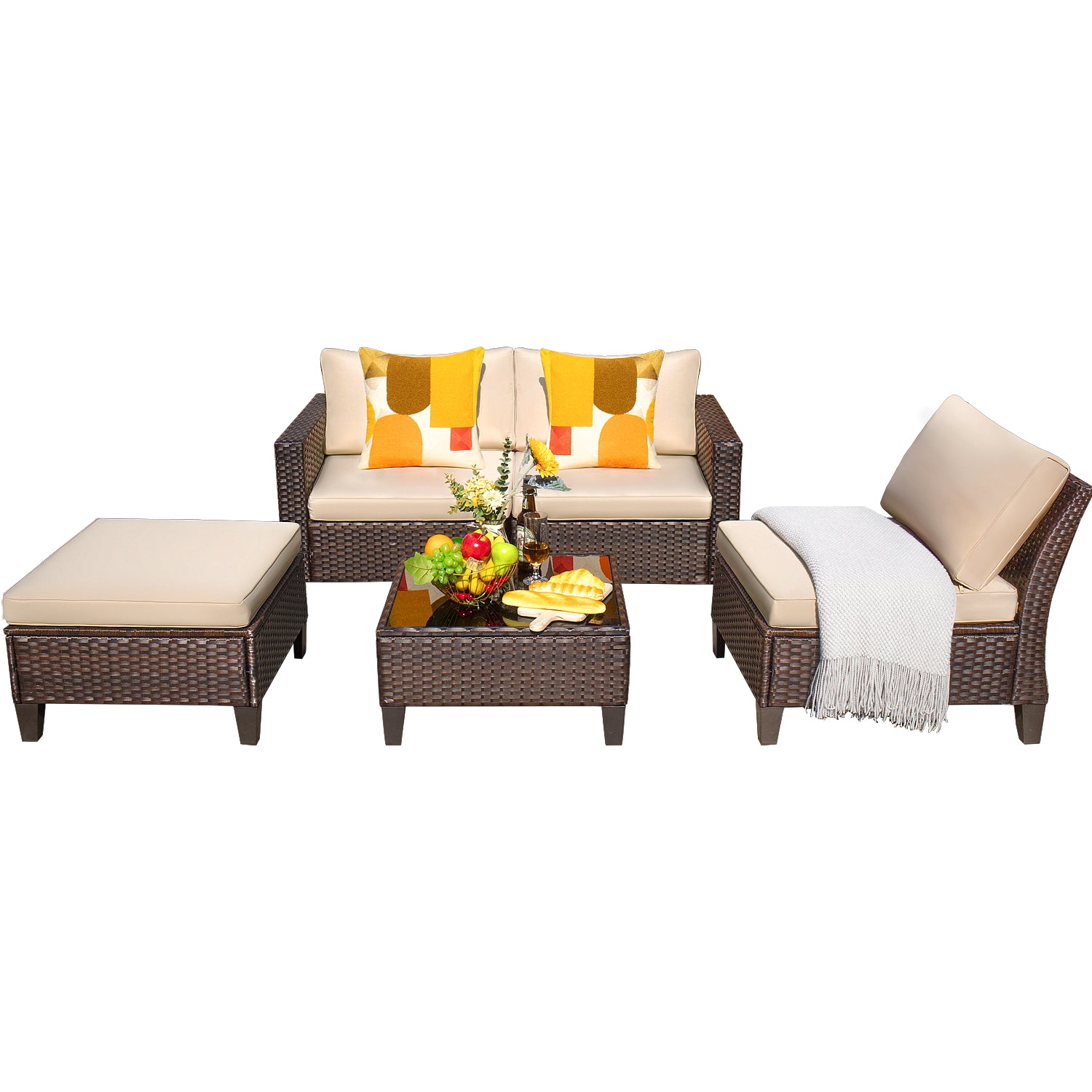 Devoko Patio Furniture 5 Pieces Outdoor Sectional Sofa with Ottoman Updated Plastic Base