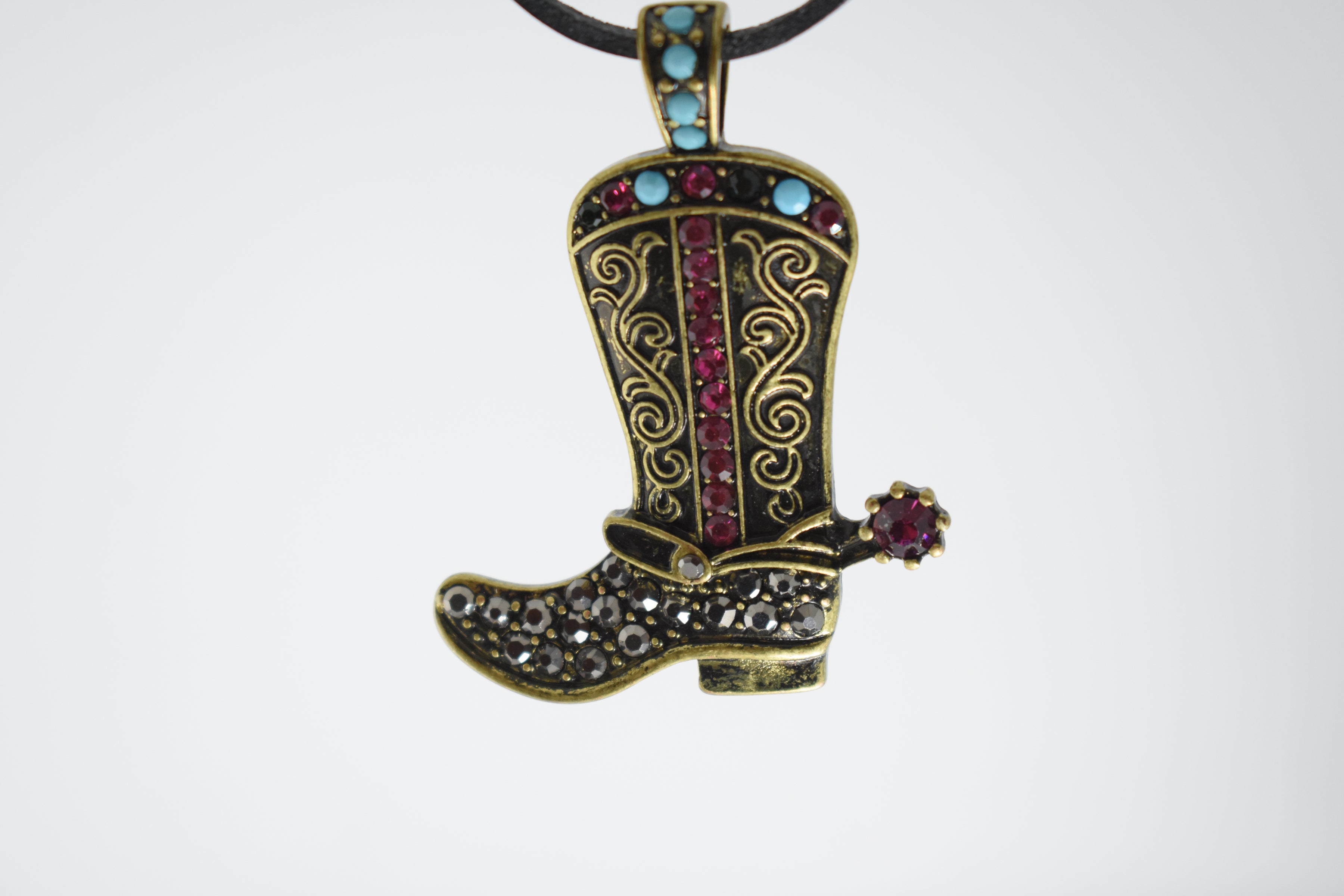 Leather Necklace & Rhinestone Boot Pendant