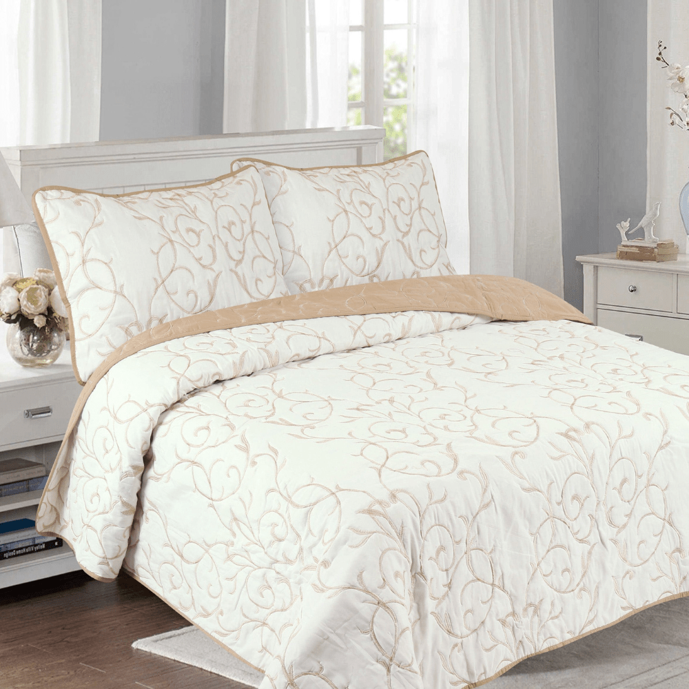 Embroidered Stitching Coverlet Bedspread Ultra Soft Solid Quilt Set, Gold Branch