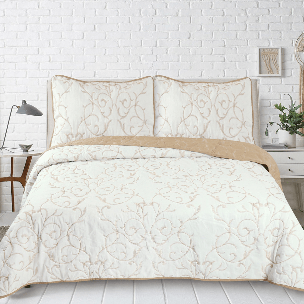 Embroidered Stitching Coverlet Bedspread Ultra Soft Solid Quilt Set, Gold Branch