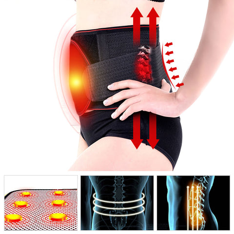Adjustable Thermal Waist Trimmer Lower Back Support Brace Belt Lumbar Compression Wrap Double Pull Fastener with Fever Pad Black