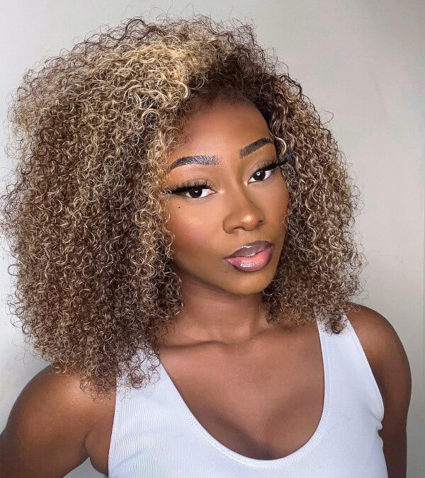 Brown Kinky Curls Blonde Highlights