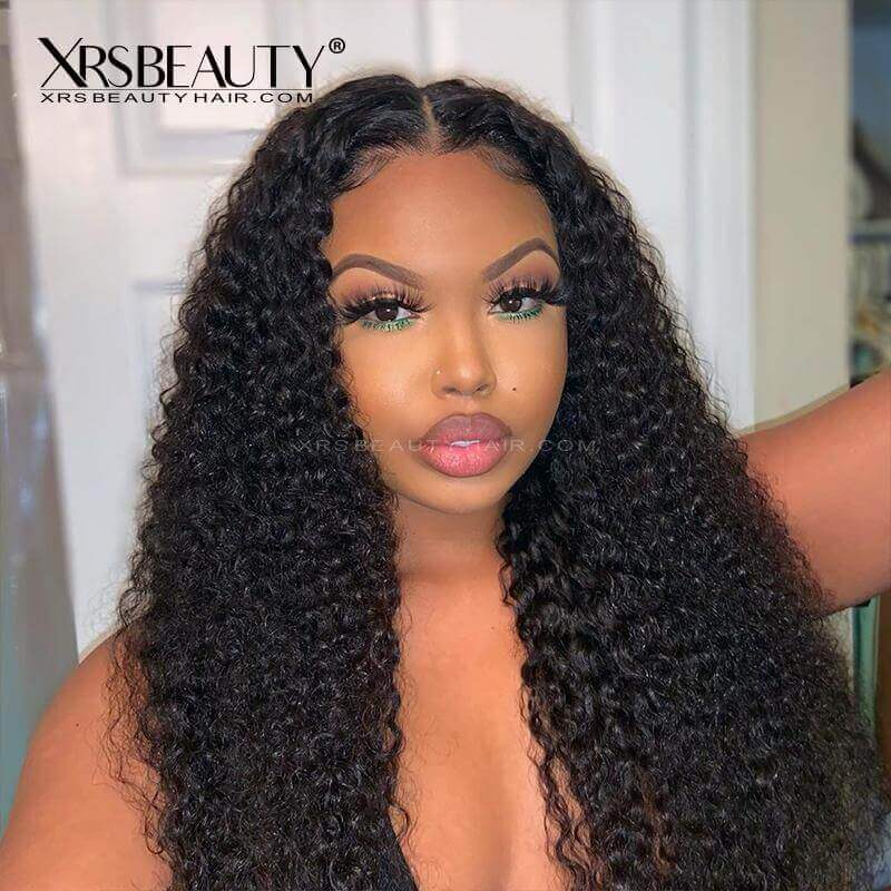 Long deep curl layed edge human hair lace front wig with baby hair