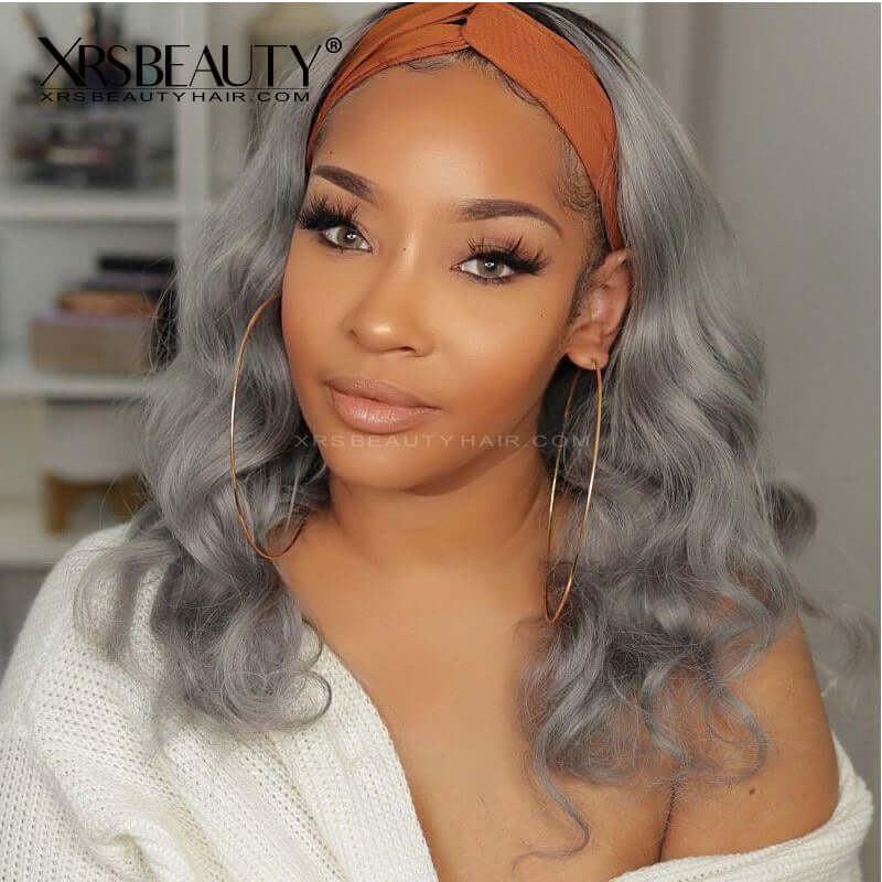 Grey Body Wave Headband Scarf 100% Human Hair Wig