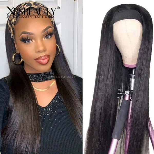Black women wearing Natural Black Straight Human Hair Headband Wig buy from XRS Beauty