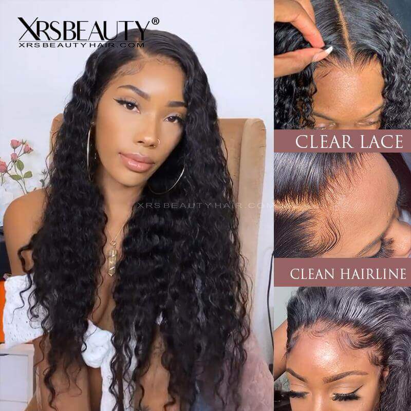clear lace human hair deep wave lace front wig