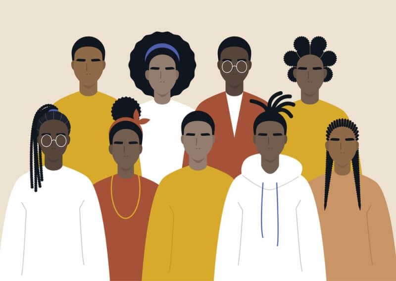 illustration black community african people group with differenthairstyles