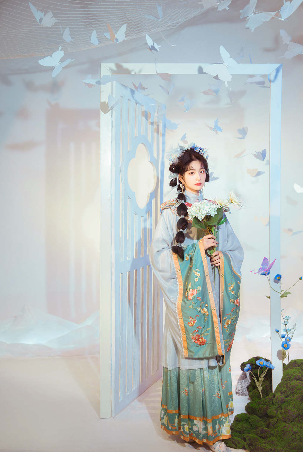 Handmade Embroidery Floral Women Dress Vintage Chinese Hanfu Suit Girls Cosplay Costume 2 Pieces Set Pleated Skirt - DIELING