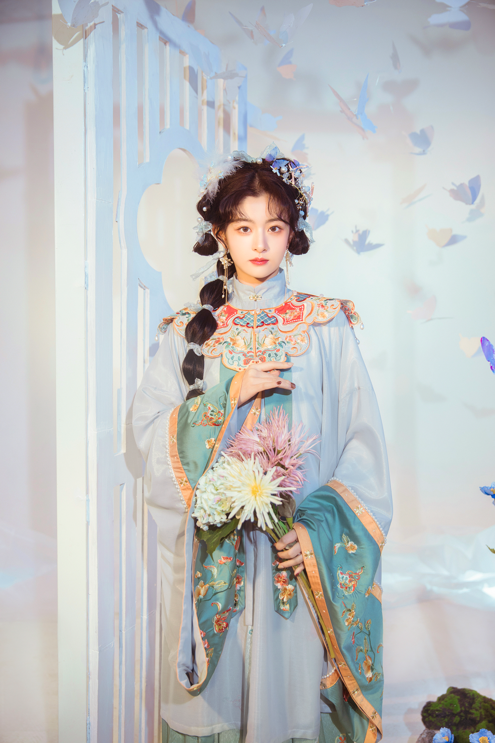 Handmade Embroidery Floral Women Dress Vintage Chinese Hanfu Suit Girls Cosplay Costume 2 Pieces Set Pleated Skirt - DIELING
