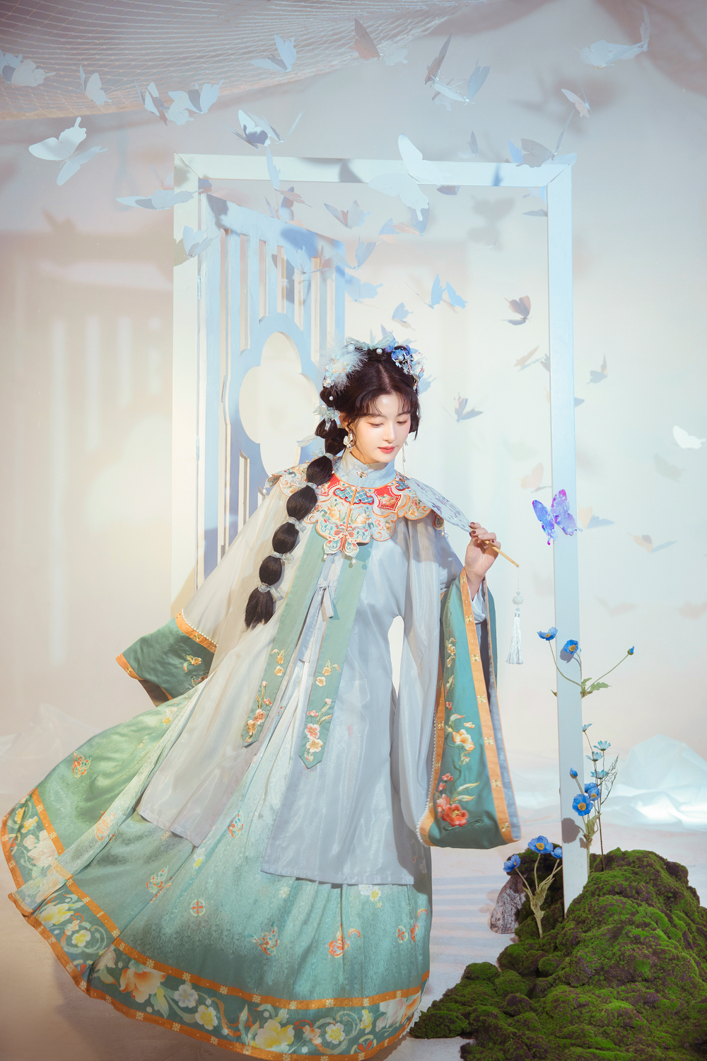 Handmade Embroidery Floral Women Dress Vintage Chinese Hanfu Suit Girls Cosplay Costume 2 Pieces Set Pleated Skirt - DIELING