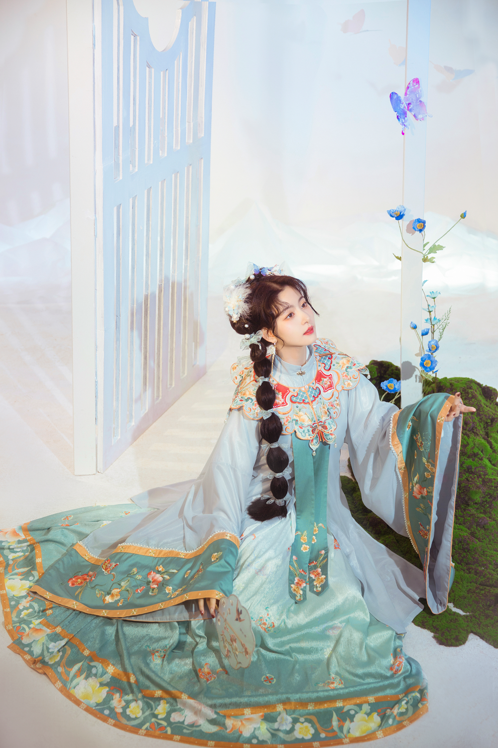 Handmade Embroidery Floral Women Dress Vintage Chinese Hanfu Suit Girls Cosplay Costume 2 Pieces Set Pleated Skirt - DIELING